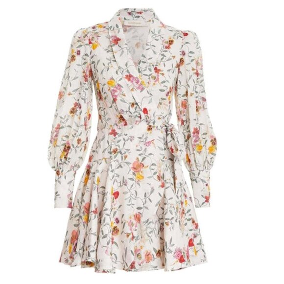 Zimmermann Dresses & Skirts - Zimmermann Elka Vine White Floral Print Linen Wrap Mini Dress Size 1 Small
